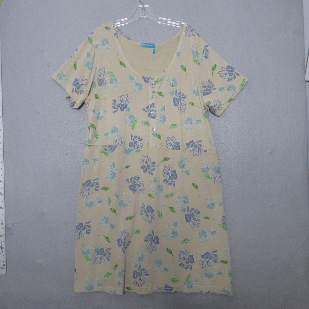 Fresh Produce Dress XL Floral Cotton Tan Blue‎ Coastal Beachy Resort Made in USA